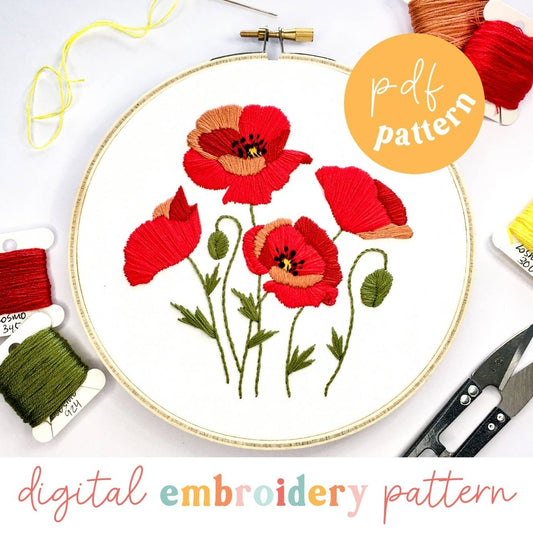 Poppies Digital Embroidery PDF Pattern - Craft Make Do